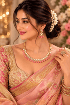 Pink pearl kundan choker necklace set with matching drop earrings on model