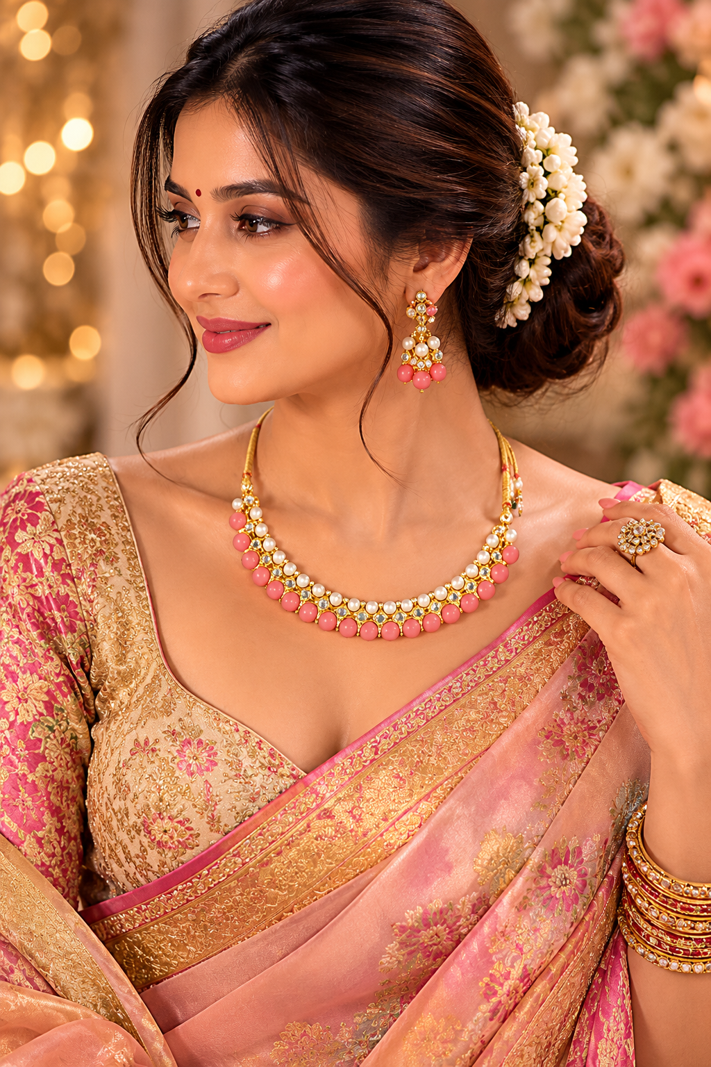 Pink Pearl Kundan Choker Necklace Set – Traditional Bridal Jewellery for Women