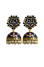 Pair of jhumka earrings with navy bead clusters, enamel florals, and gold tassels