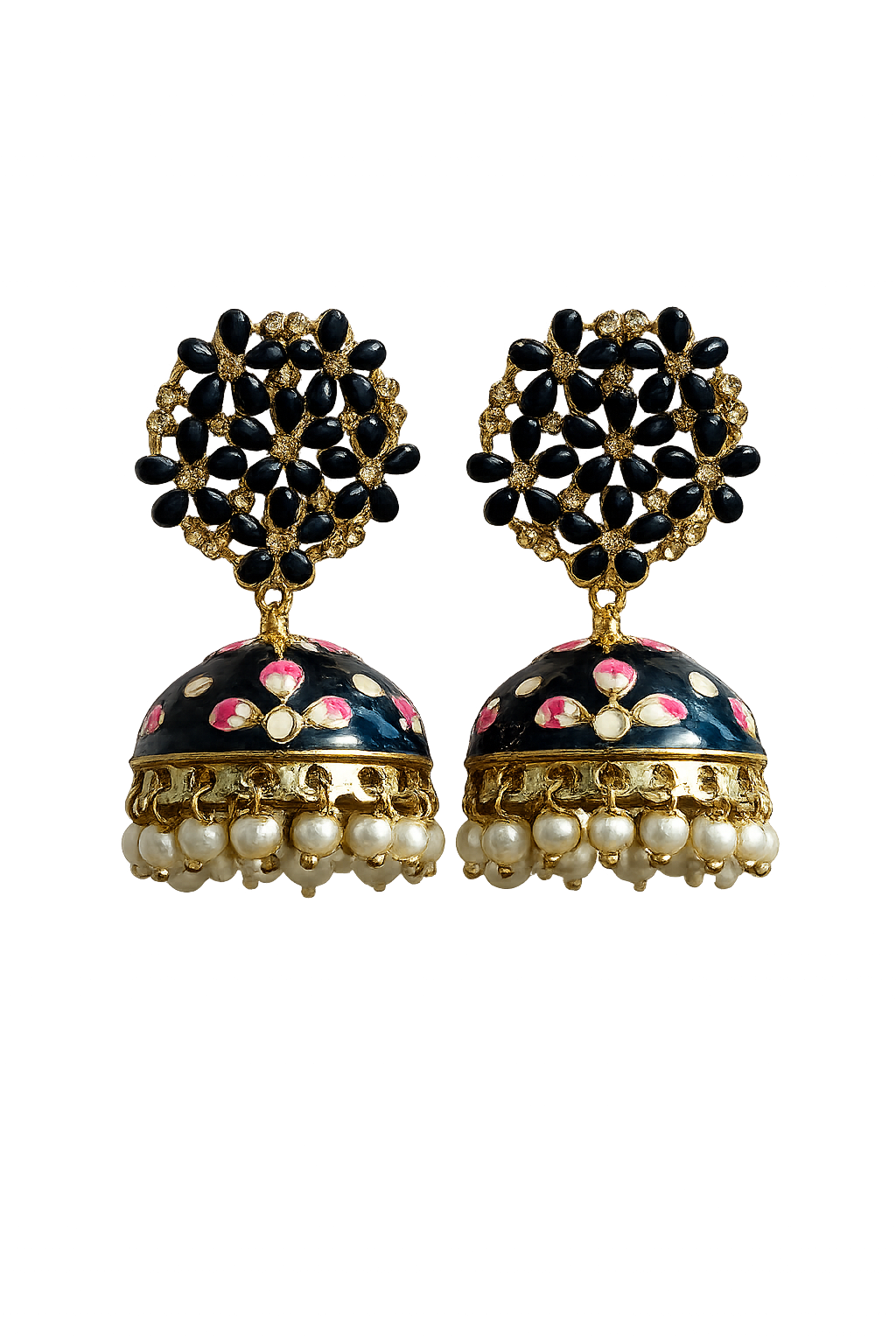 Meenakari jhumka earrings with pearl drops, gold-tone scalloped base, blue accents