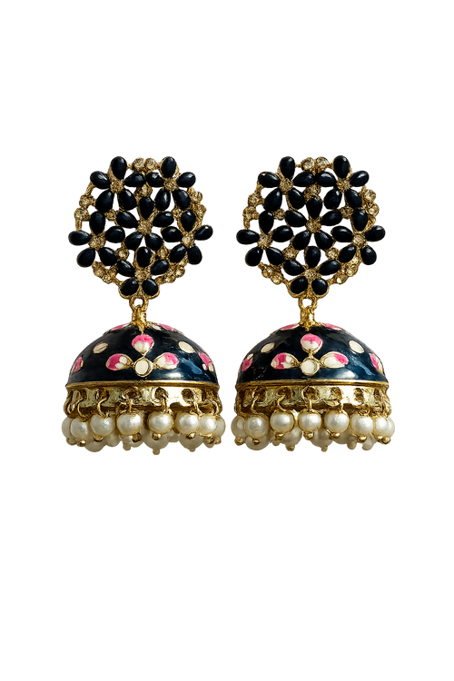 Black Meenakari Pearl Jhumka Earrings for Women - Floral Design - Gold-tone jhumka earrings with black cluster top and multicolor stone dangle