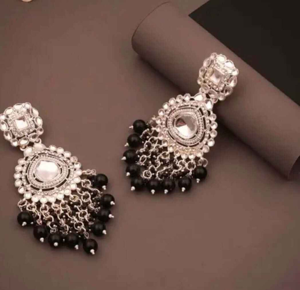 Elegant Oxidized Silver Chandbali Earrings with Black Bead Drops - Couturier Design