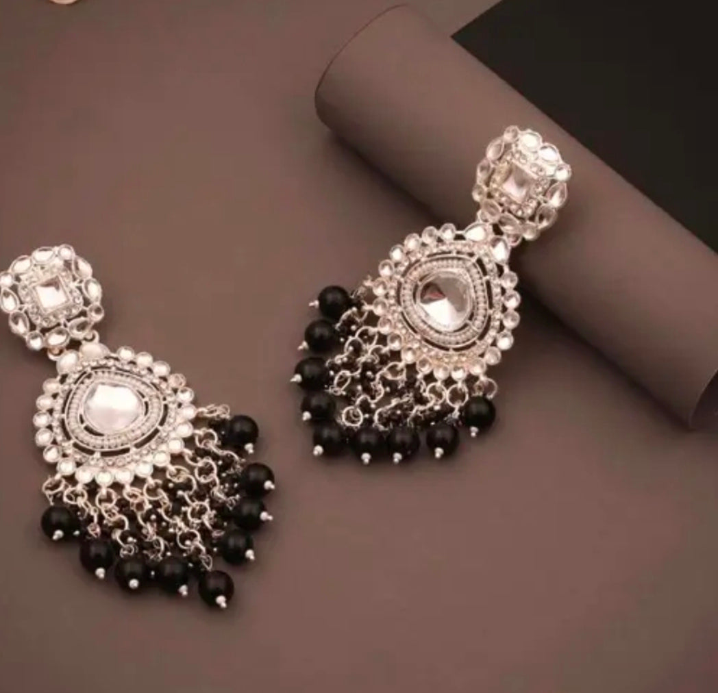 Elegant Oxidized Silver Chandbali Earrings with Black Bead Drops