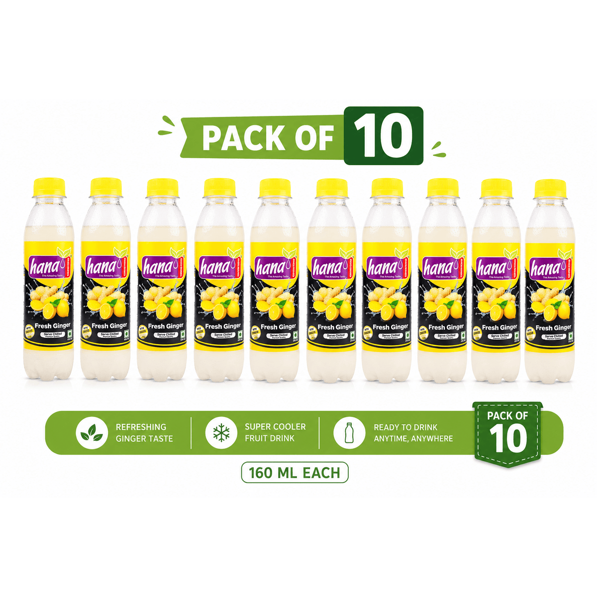 Hana Fresh Ginger Drink - Pack of 10 x 160 ml - Hana Fresh ginger drink pack of 10 ready-to-drink bottles, 160 ml each