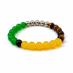 Tri-color stretch bracelet with green, yellow, brown beads and silver spacer beads
