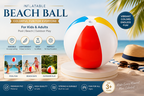 Inflatable beach ball with red, white, blue, and yellow panels