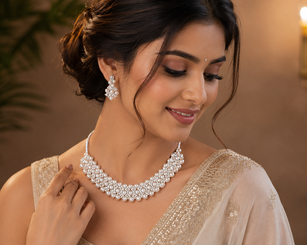 Pearl and crystal necklace with matching drop earrings on model