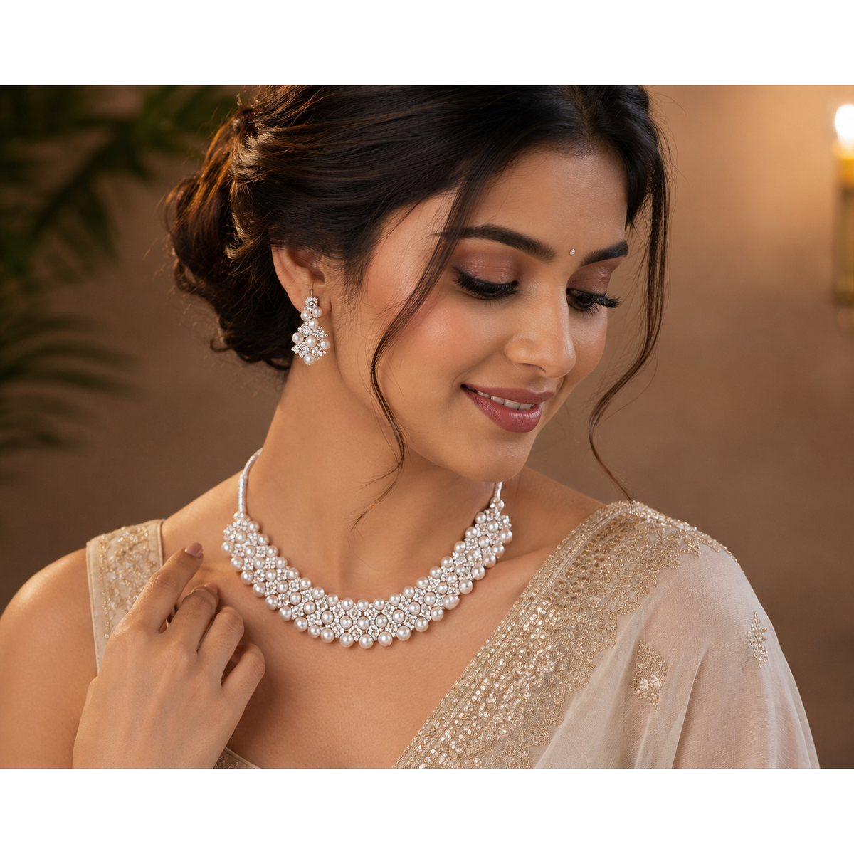 Pearl and crystal necklace set with matching earrings worn by model