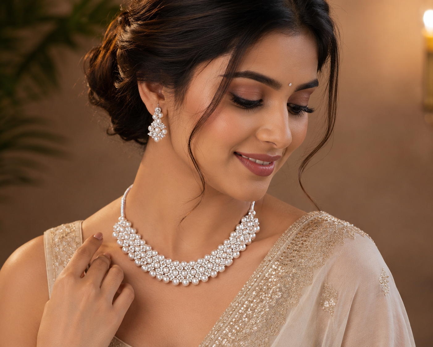 Pearl and crystal necklace with matching drop earrings on model
