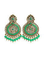 Pair of green kundan chandbali earrings with teal stones and green bead tassels