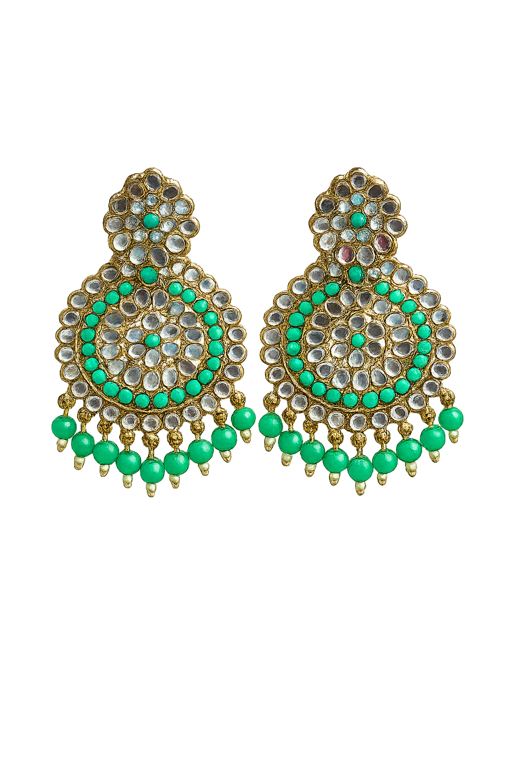 Royal Antique Gold Kundan & Mint Green Bead Chandbali Drop Earrings