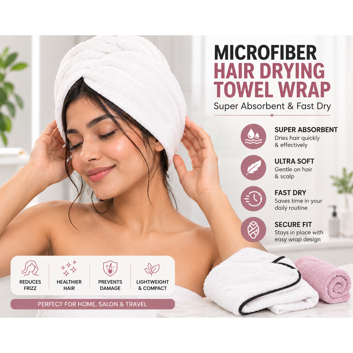 White microfiber hair drying towel wrap turban for women, soft absorbent terry