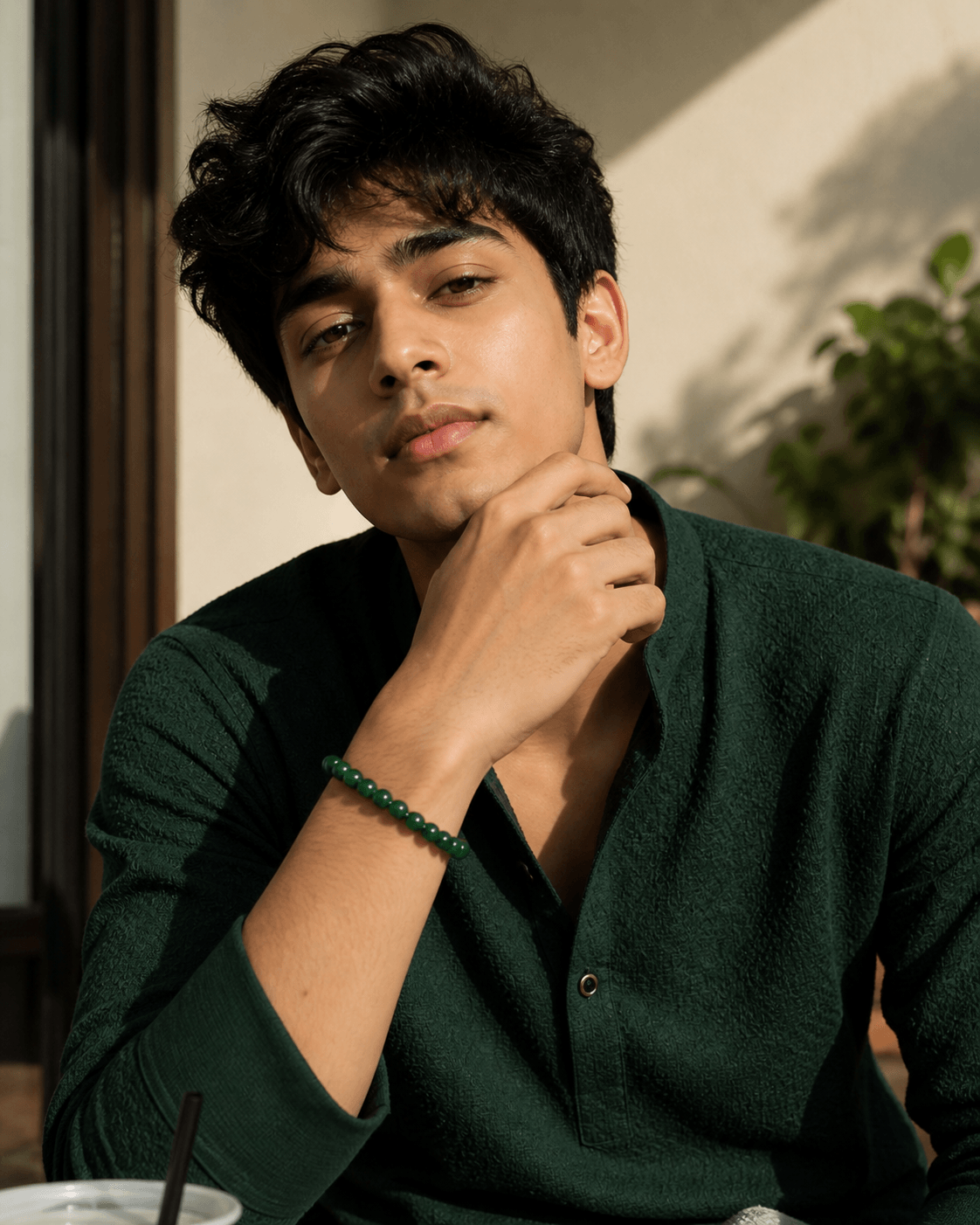 Green onyx beaded bracelet by Couturier Design featuring natural stone beads on a stretch bracelet for men and women.