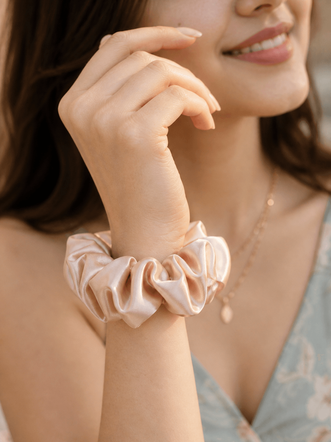Luxury satin scrunchie by Couturier Design, soft silk hair tie for women with gentle hold and no hair damage.