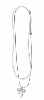 Pearl bead layered necklace with bow pendant charm, long twin chains