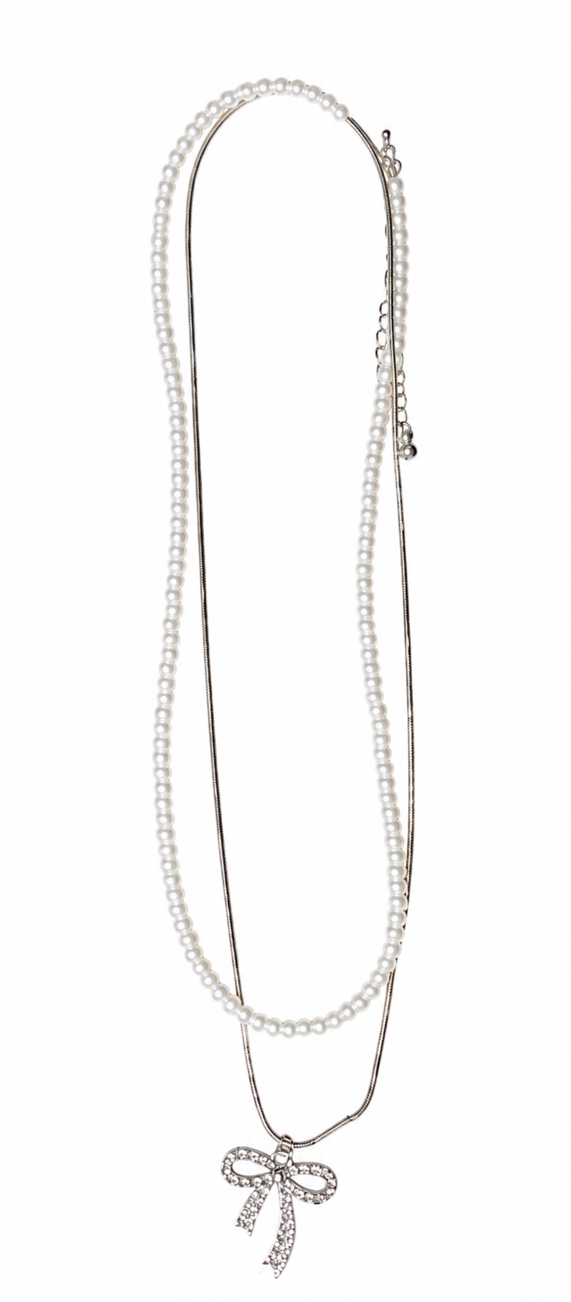Double-layer pearl beaded necklace with bow pendant and two long strands