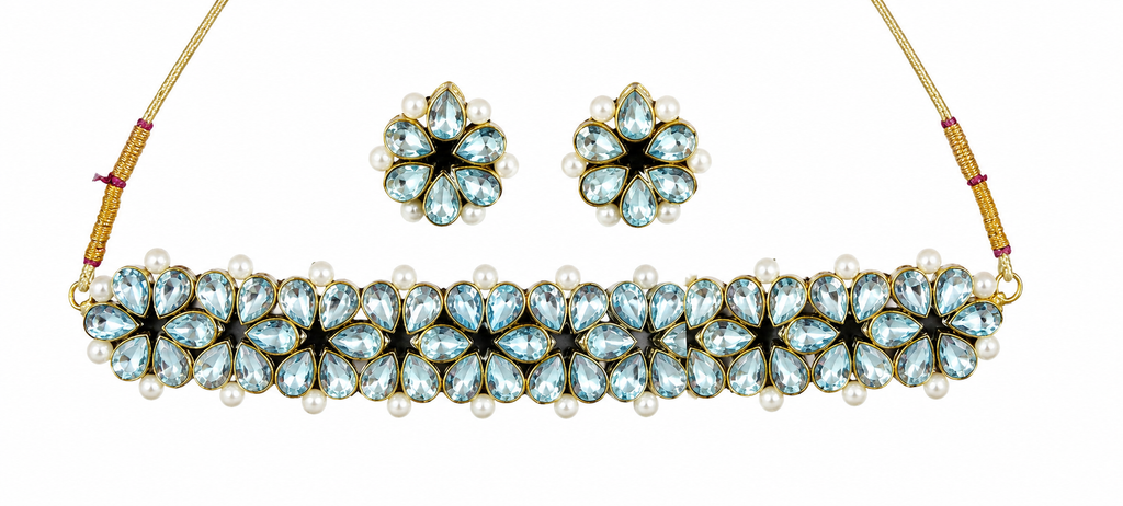 Sky-blue stone choker necklace with pearl accents and two floral stud earrings
