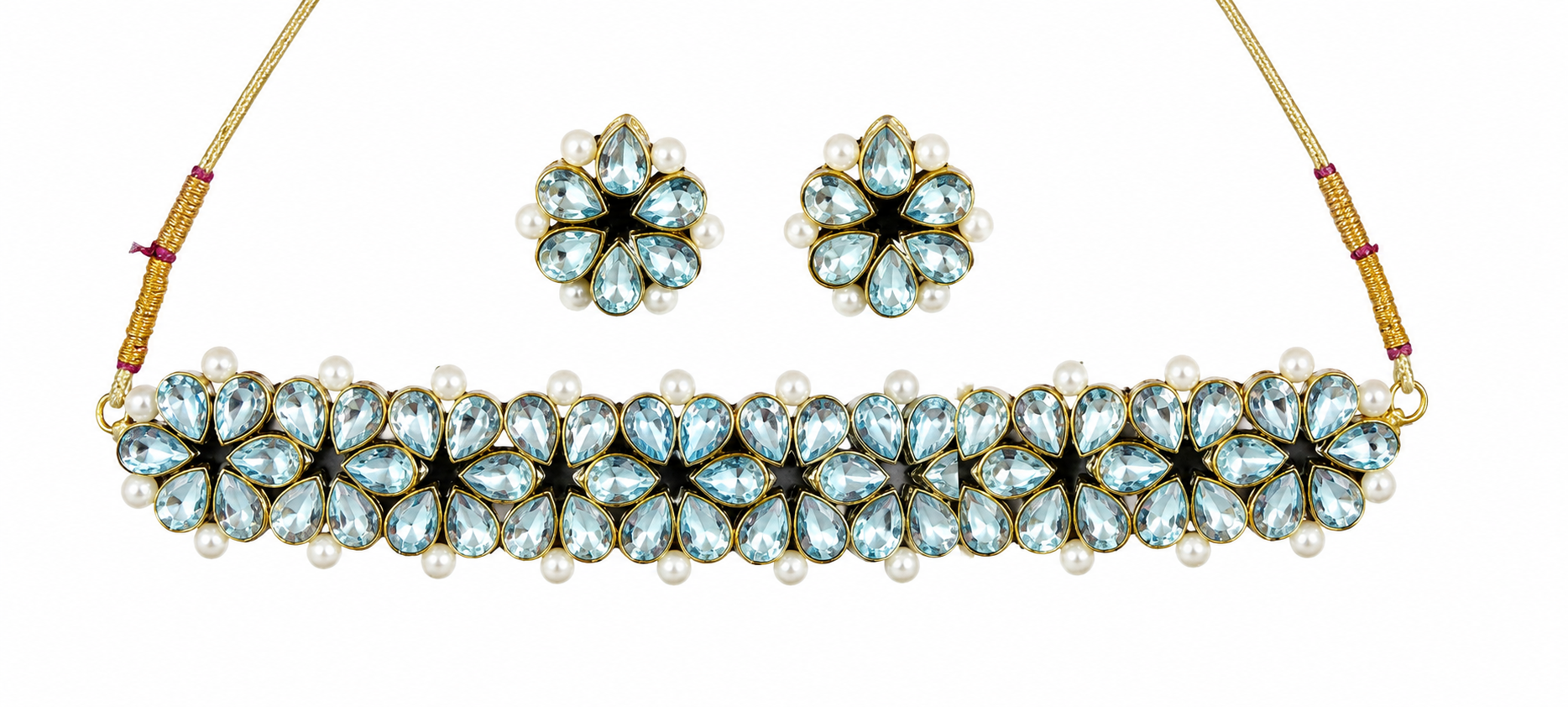 Sky-blue stone choker necklace with pearl accents and two floral stud earrings