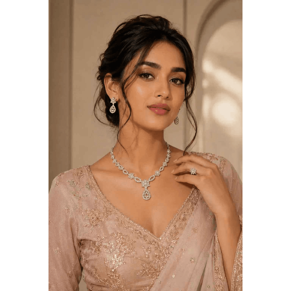 Silver floral necklace set with matching drop earrings, clear stones