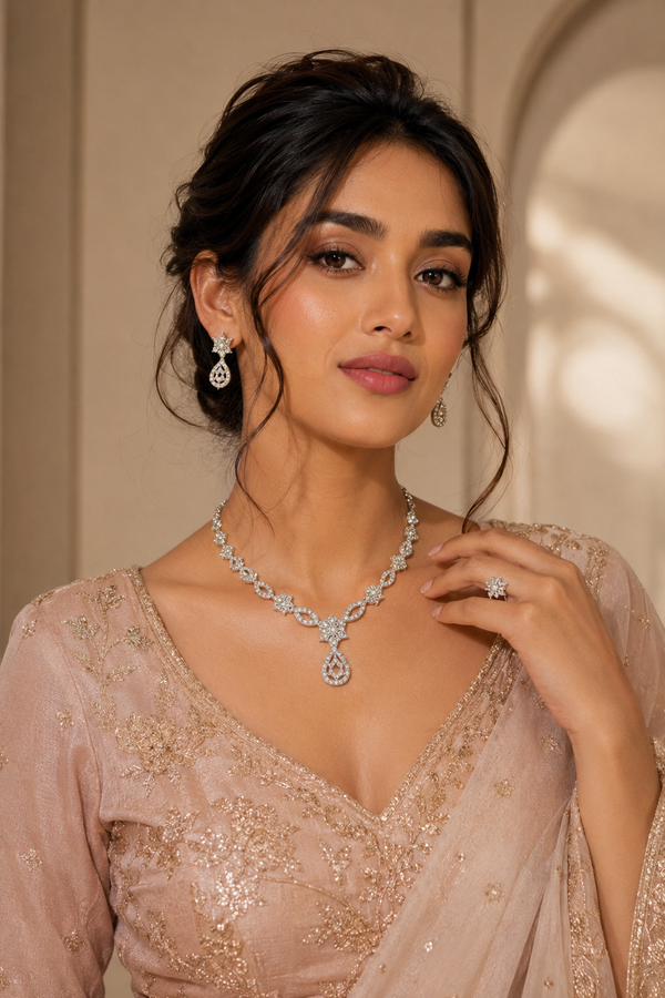 Elegant American Diamond Floral Necklace Set for Women – Ethnic Party Wear Jewellery Set with Earrings