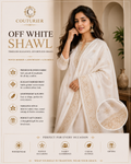 Off-white women’s shawl with woven border and delicate embroidery
