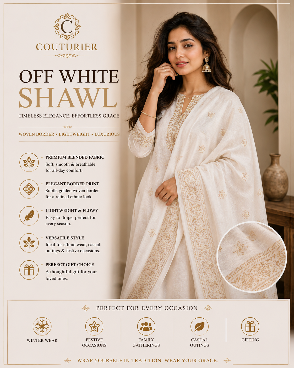 Off-white women’s shawl with woven border and delicate embroidery