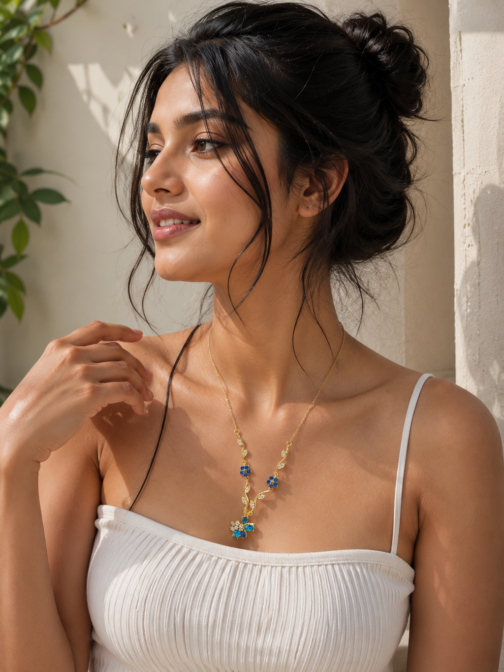 Gold-tone necklace with blue crystal flower pendant and matching drop accents