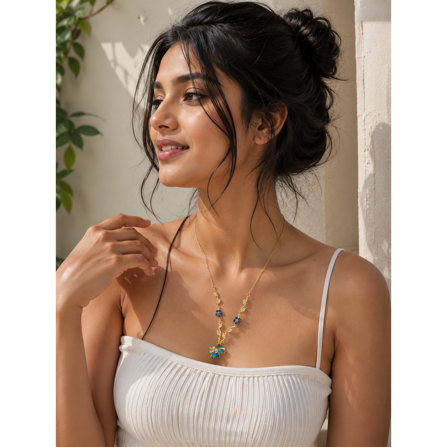 Blue Floral Crystal Pendant Necklace for Women - Gold Tone - Gold-tone pendant necklace with blue floral charms worn on neckline