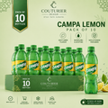 A pack of 10 bottles of Campa Lemon soft drink by Couturier Design, arranged on a green display box against a light green background with product features and branding.