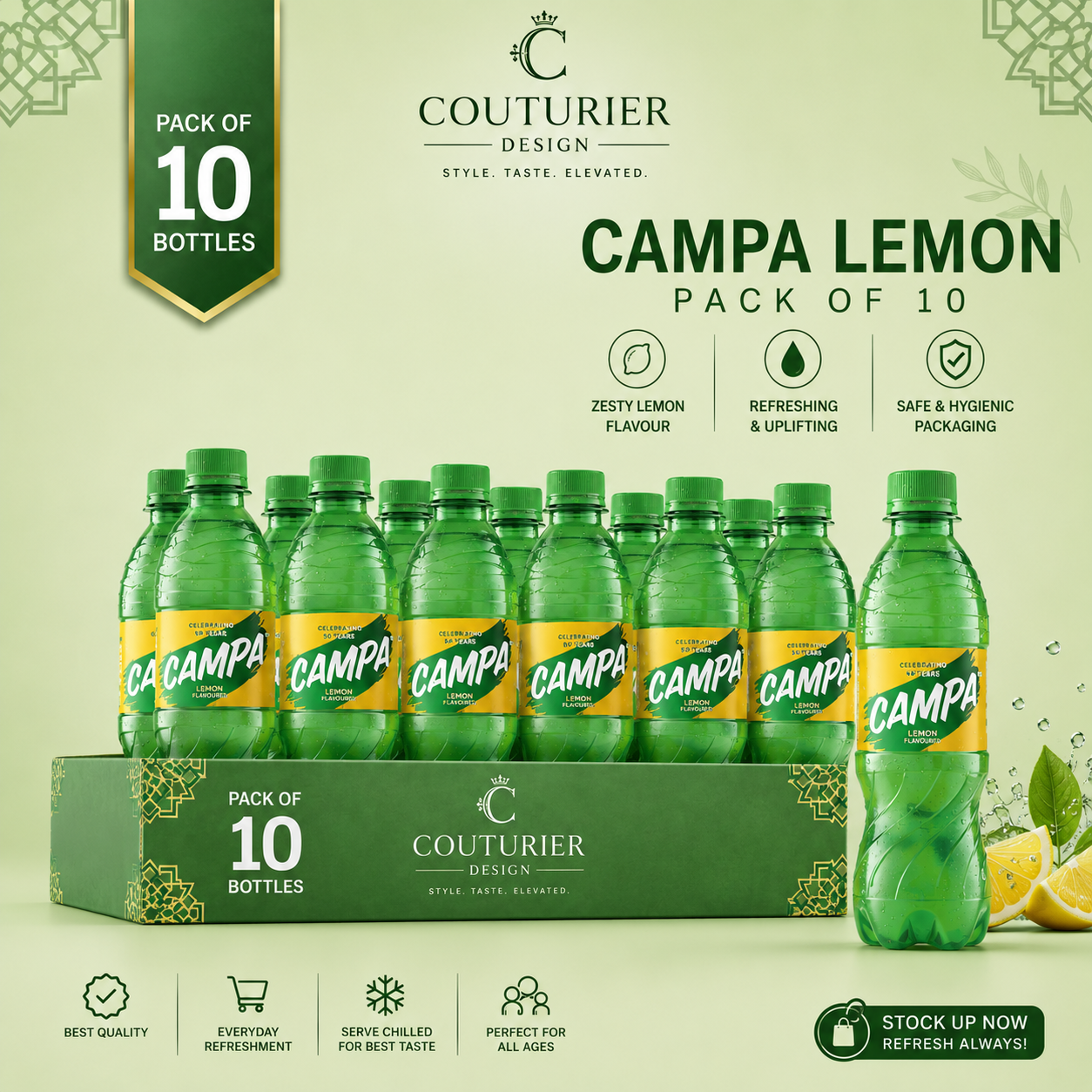 A pack of 10 bottles of Campa Lemon soft drink by Couturier Design, arranged on a green display box against a light green background with product features and branding.