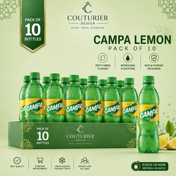 A pack of 10 bottles of Campa Lemon soft drink by Couturier Design, arranged on a green display box against a light green background with product features and branding.