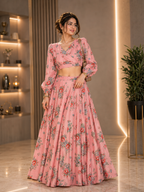 Women's Pink Floral Printed Co-Ord Set with Crop Top & Flared Maxi Skirt | Party Wear | Casual Ethnic Western Outfit