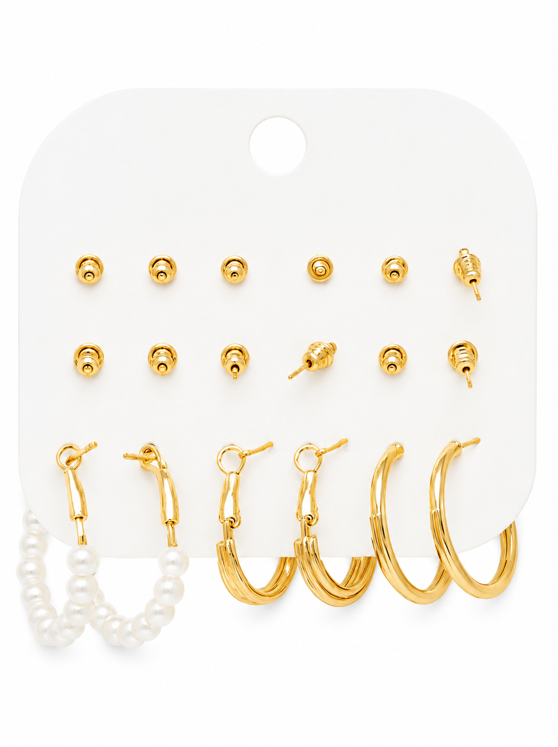 Gold tone earring set with small studs, hoop earrings, and pearl drop hoops