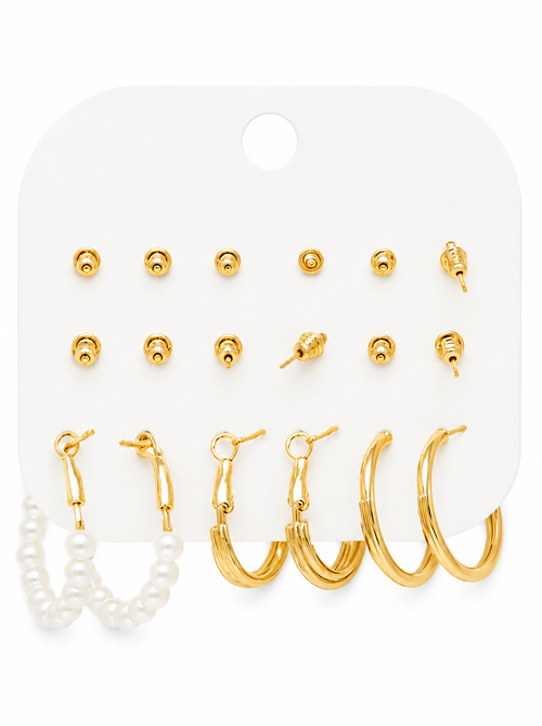 Gold tone earring set with small studs, hoop earrings, and pearl drop hoops