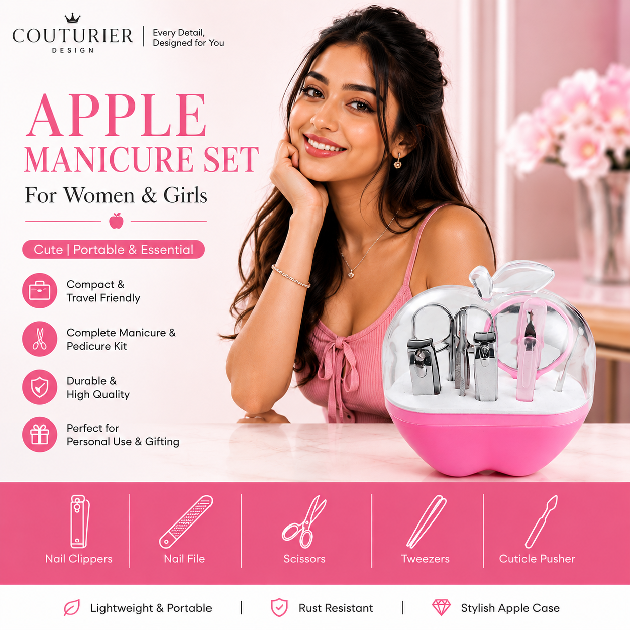 Pink portable manicure set with apple-style case and metal nail grooming tools