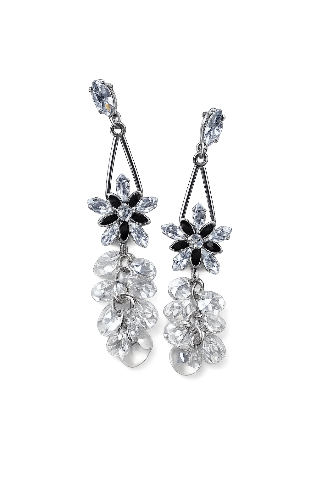 Silver crystal drop earrings with dangling floral charms and oval center stones