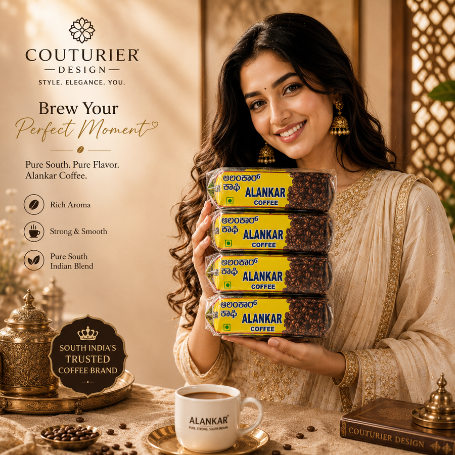 Alankar South Indian Filter Coffee - 1 kg (4 x 250 g) - Stack of Alankar Coffee packs with yellow labels, held in hand above a coffee mug