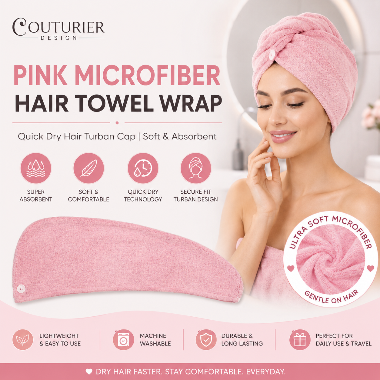 Pink microfiber hair towel wrap turban cap with soft absorbent fabric