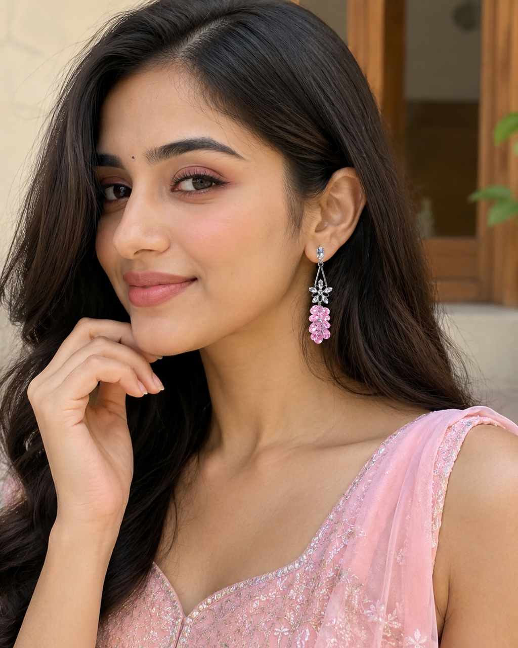 Pink crystal floral drop earrings with dangling pink and clear flower charms