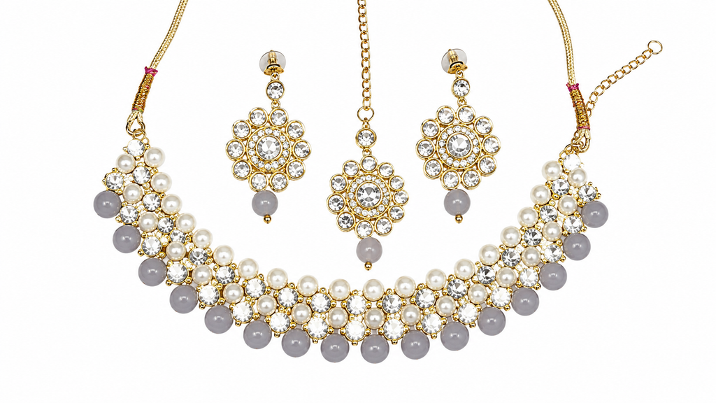 Pearl and crystal choker necklace with gray bead drops and matching dangle earrings