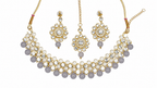 Kundan and pearl jewelry set: pearl necklace with grey bead drops and stud earrings