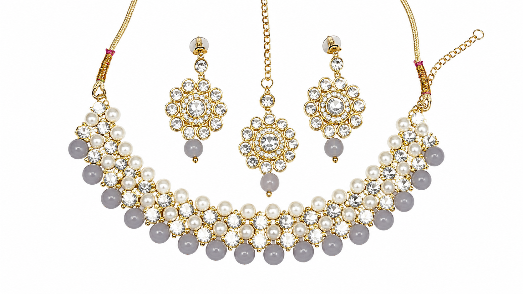 Pearl and crystal choker necklace with gray bead drops and matching dangle earrings