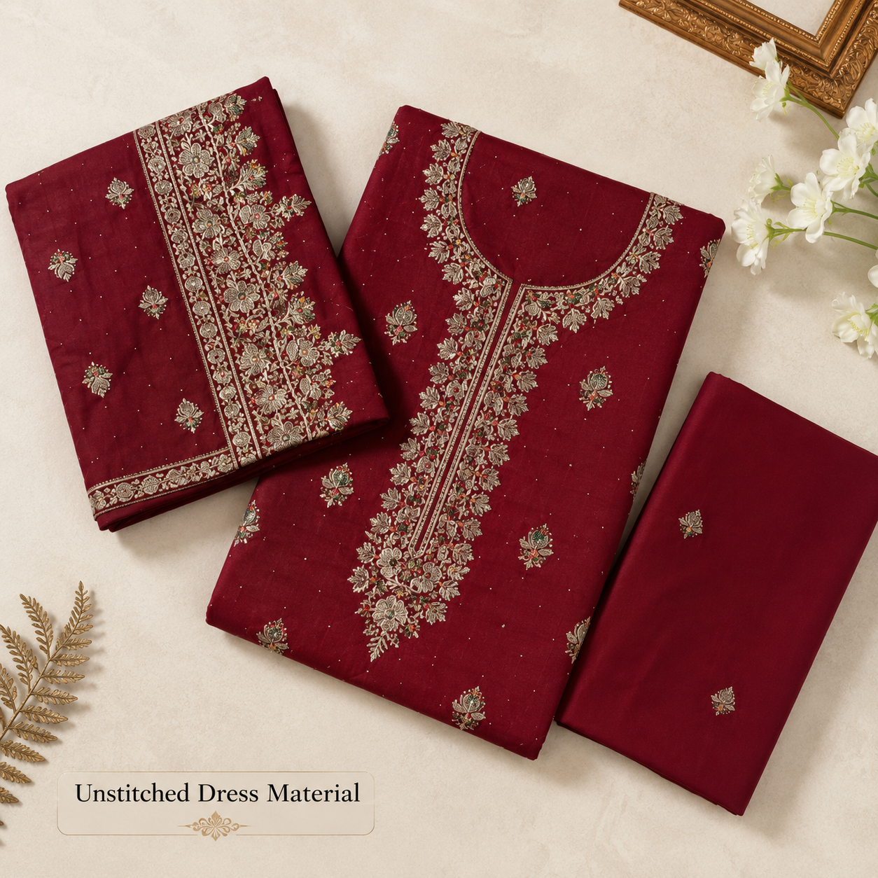 Three folded pieces of deep maroon unstitched dress material with ornate beige and gold floral embroidery, arranged on a light cream background with decorative props.