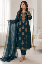Embroidered teal suit with matching pants and bordered dupatta, worn by model