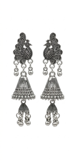 Silver oxidized bird jhumka earrings with tiered bell tassels and dangling beads