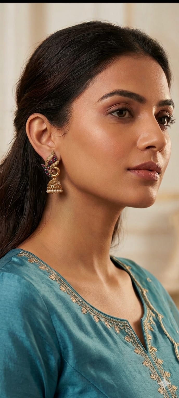 Antique gold jhumka earrings with dangling bell charms on pierced ear