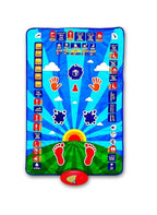 Kids prayer mat, blue with grid of colorful icons, handprints, and green foot shapes