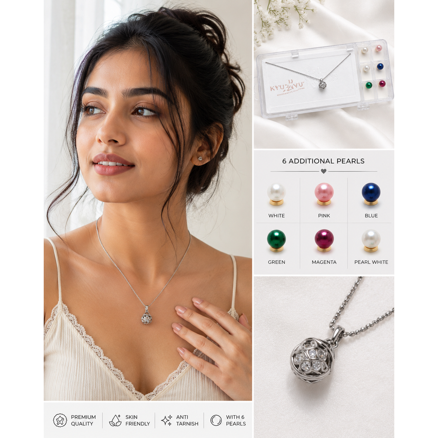 6-Pearl Wish Necklace Set with Interchangeable Pearls for Women - Pearl wish pendant necklace with silver chain and round white pearl charm worn by model