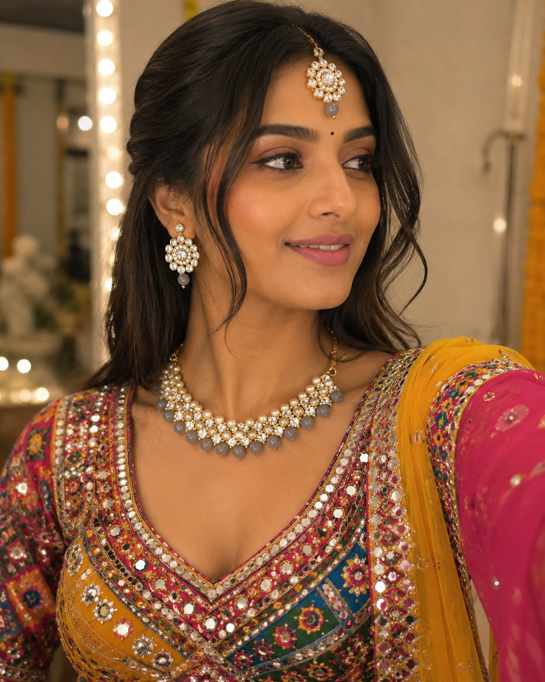 Gold-tone pearl and crystal choker with matching drop earrings and forehead tikka