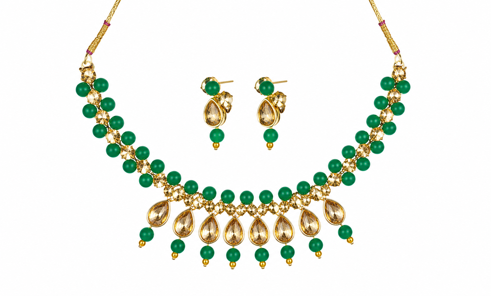 Green bead and gold-tone kundan necklace with teardrop pendant and matching drop earrings